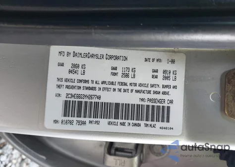 2000 Chrysler 300M z USA, uszkodzony, nr VIN 2C3HE66G3YH267740